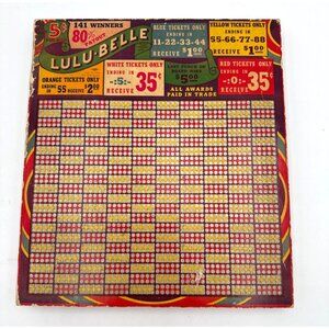 Vtg Lulu-Belle Punch Board Game 5¢ Play 141 Winners 80% Payout Gambling Casino